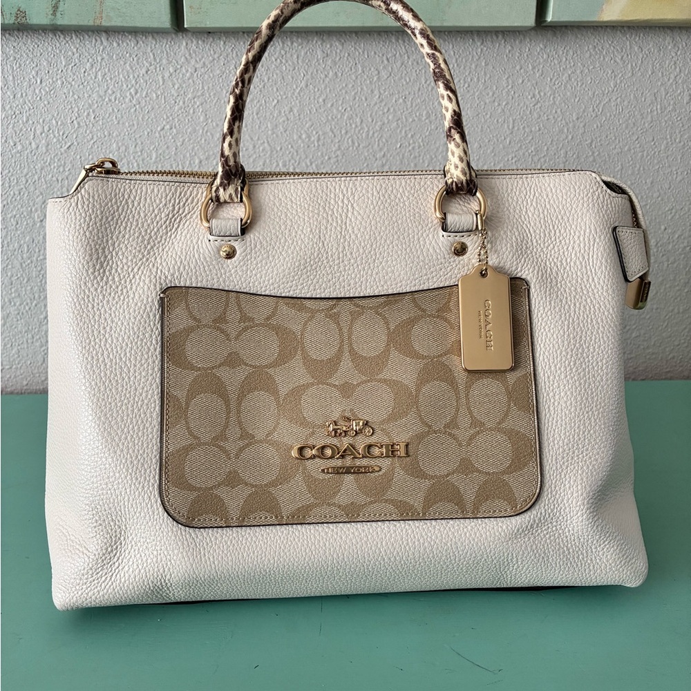 Coach White and Tan Signature Tote Bag